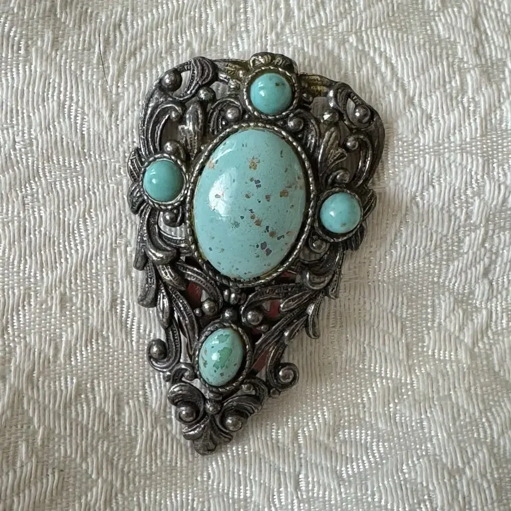 Vintage Art Deco Filigree Turquoise Glass & Silver Dress Fur Clip Brooch 1920s